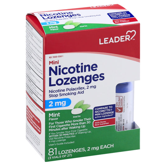 Leader Mini Nicotine Lozenges Polacrilex Stop Smoking Aid 2 Mg, Mint Flavor, 81 Ea