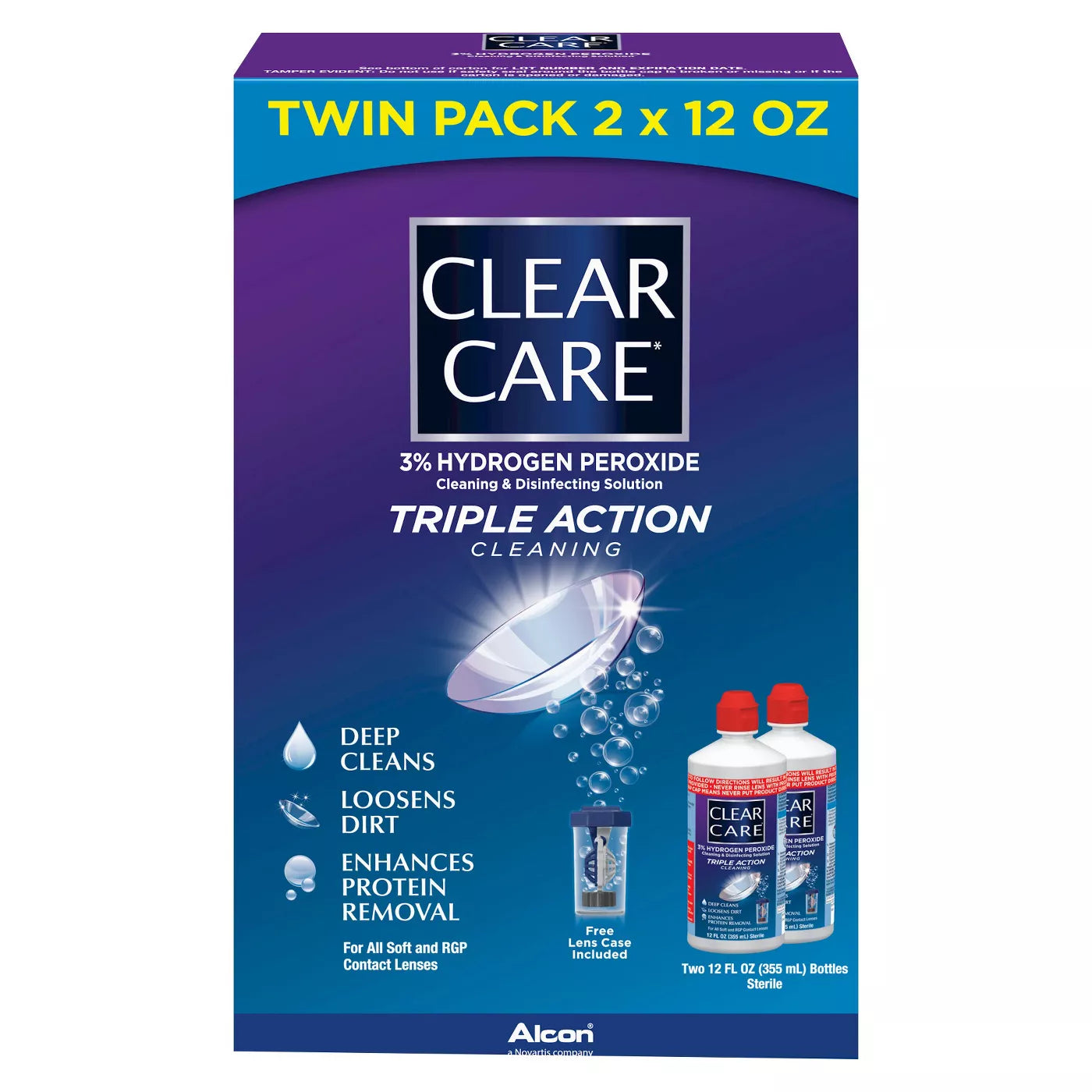 Clear Care Triple Action Cleaning and Disinfecting Solution with Case, Twin Pack, Multi, 12 Oz, Pack of 2
