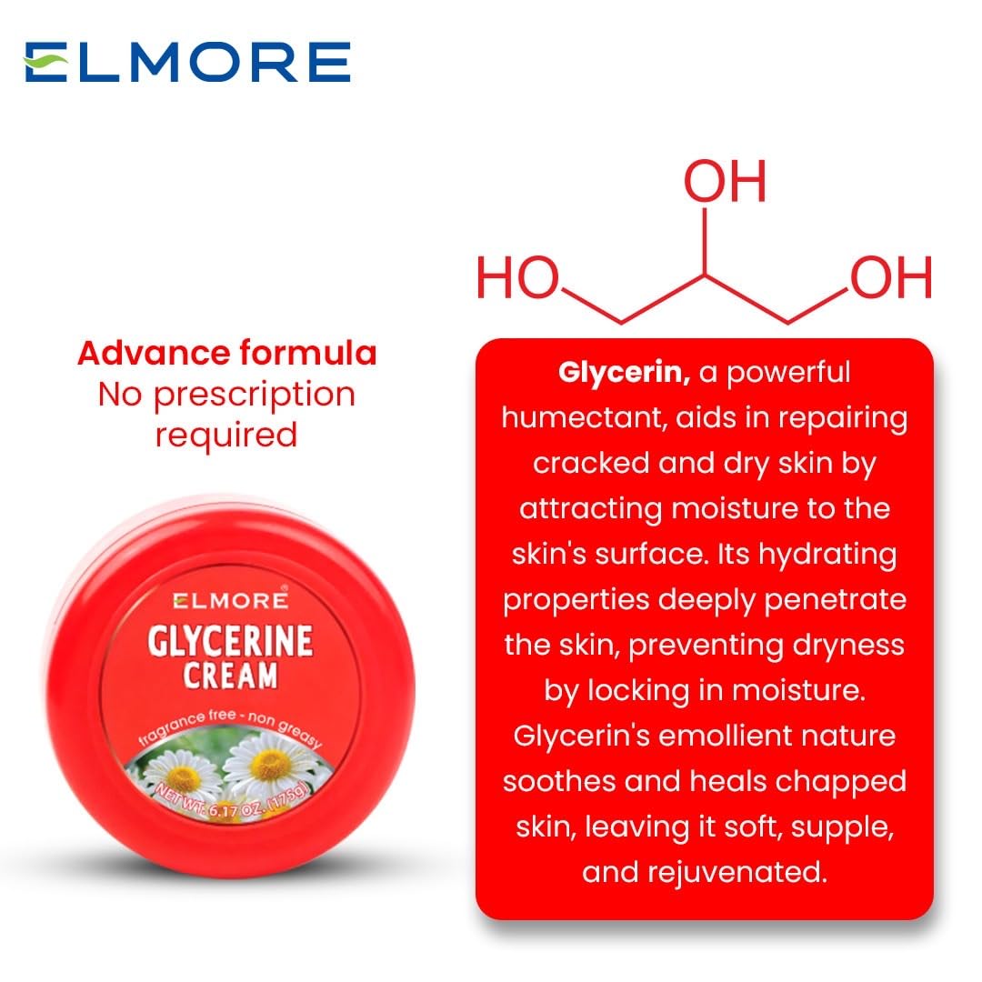 ELMORE Daily Moisturizing Cream for Dry Skin, Advanced Dry Skin Cream Moisturizer for Body, Hands and Feet, Chamomile Infused 42% Pure Glycerine Cream - Non Greasy, Fragrance Free Thick Moisturizer