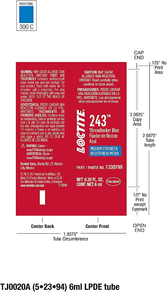 Loctite 243 Medium Strength Threadlocker – 6ml Blue Oil-Tolerant Adhesive for Metal Fasteners