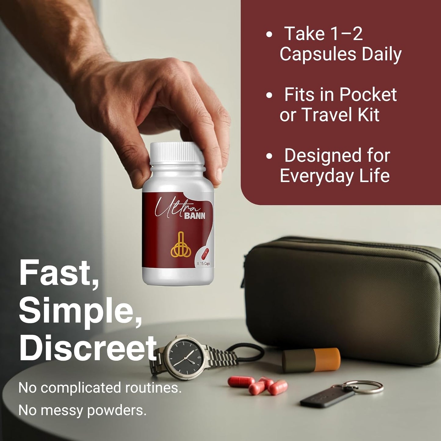 Ultra Bann Natural Male Vitality Supplement for Men | Male Health, Energy, Strength & Endurance Support | Daily Vitality Support & Wellness Formula | Vegan | 15 Capsules