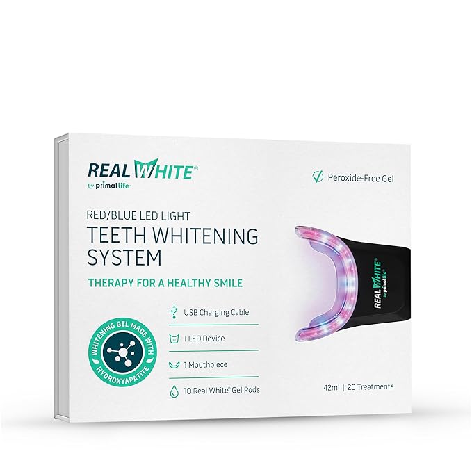 Primal Life Organics V4 Real White Red/Blue LED Light Teeth Whitening System - Includes 20 Treatments