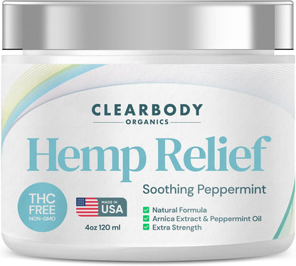Clearbody Organics - USA Made Hemp Cream Maximum Strength 4 oz - Soothe Discomfort in Back, Muscles, Joints, Neck, Shoulder, Knee, Nerves - Natural Peppermint and Soothing Arnica Extract