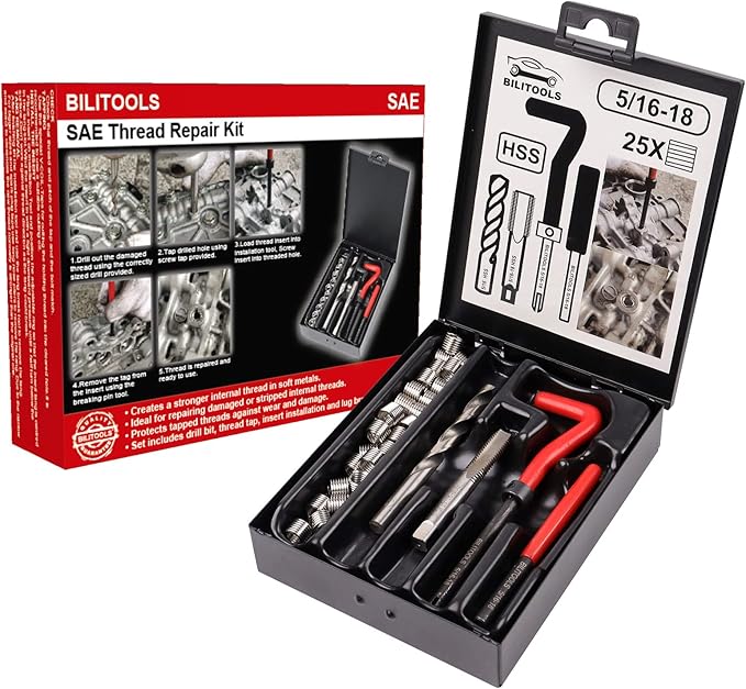 BILITOOLS 5/16-18 Thread Repair Kit – HSS Drill & Helicoil Inserts for SAE Threads