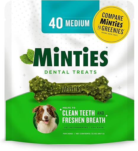 Minties Dental Chews for Dogs – 40 Count – Vet-Recommended Mint-Flavored Treats for Medium Dogs (25–50 lbs)