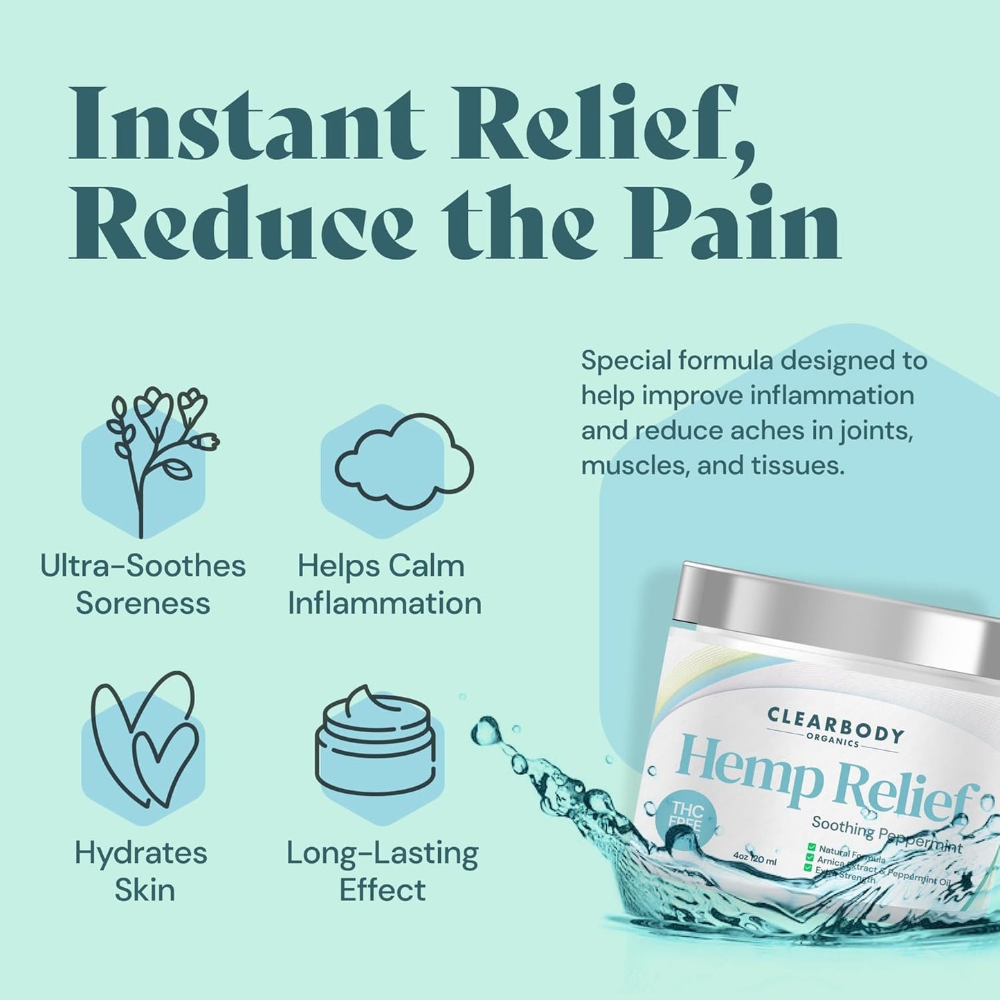 Clearbody Organics - USA Made Hemp Cream Maximum Strength 4 oz - Soothe Discomfort in Back, Muscles, Joints, Neck, Shoulder, Knee, Nerves - Natural Peppermint and Soothing Arnica Extract