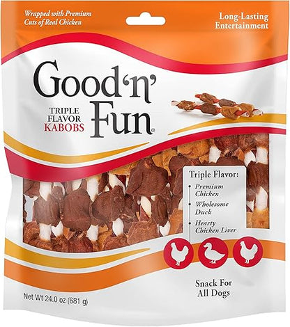 Good 'n' Fun Triple Flavor Kabobs – 1.5 lb Pack | Long-Lasting Rawhide Chews with Chicken, Duck & Liver