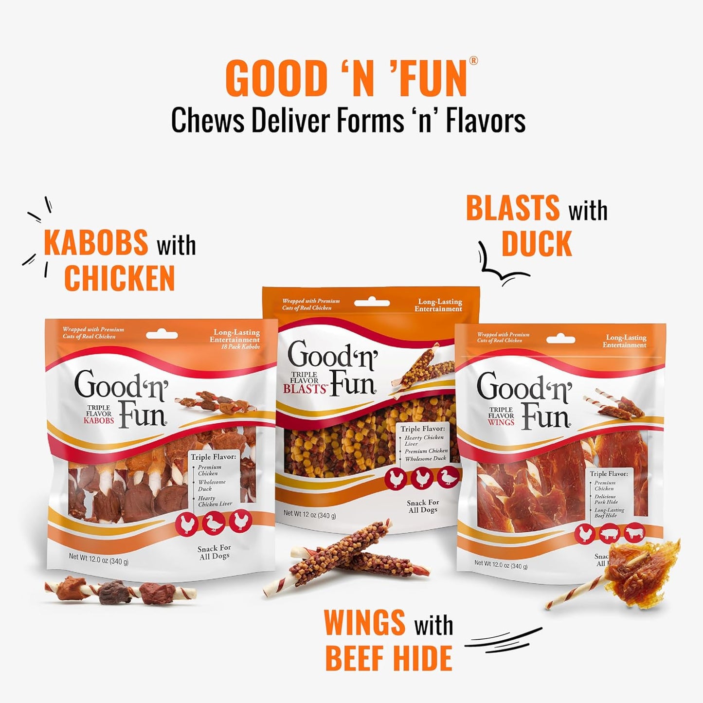 Good 'n' Fun Triple Flavor Wings Dog Treats – 12 oz – Long-Lasting Chews with Chicken, Pork Hide & Beef Hide