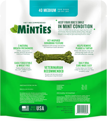 Minties Dental Chews for Dogs – 40 Count – Vet-Recommended Mint-Flavored Treats for Medium Dogs (25–50 lbs)