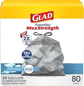 Glad ForceFlex MaxStrength 50-Gallon Trash Bags – X-Large Drawstring Bags with Febreze Freshness (20 Count)