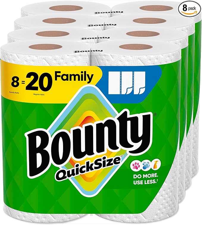 Bounty Quick Size Paper Towels – 8 Family Rolls (Equals 20 Regular Rolls), White – Absorbent & Durable, Packaging May Vary