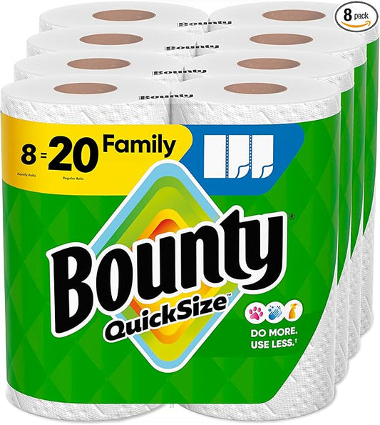 Bounty Quick Size Paper Towels – 8 Family Rolls (Equals 20 Regular Rolls), White – Absorbent & Durable, Packaging May Vary