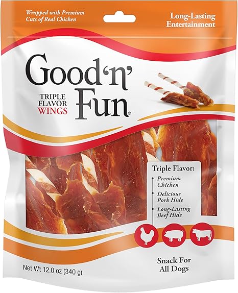 Good 'n' Fun Triple Flavor Wings Dog Treats – 12 oz – Long-Lasting Chews with Chicken, Pork Hide & Beef Hide