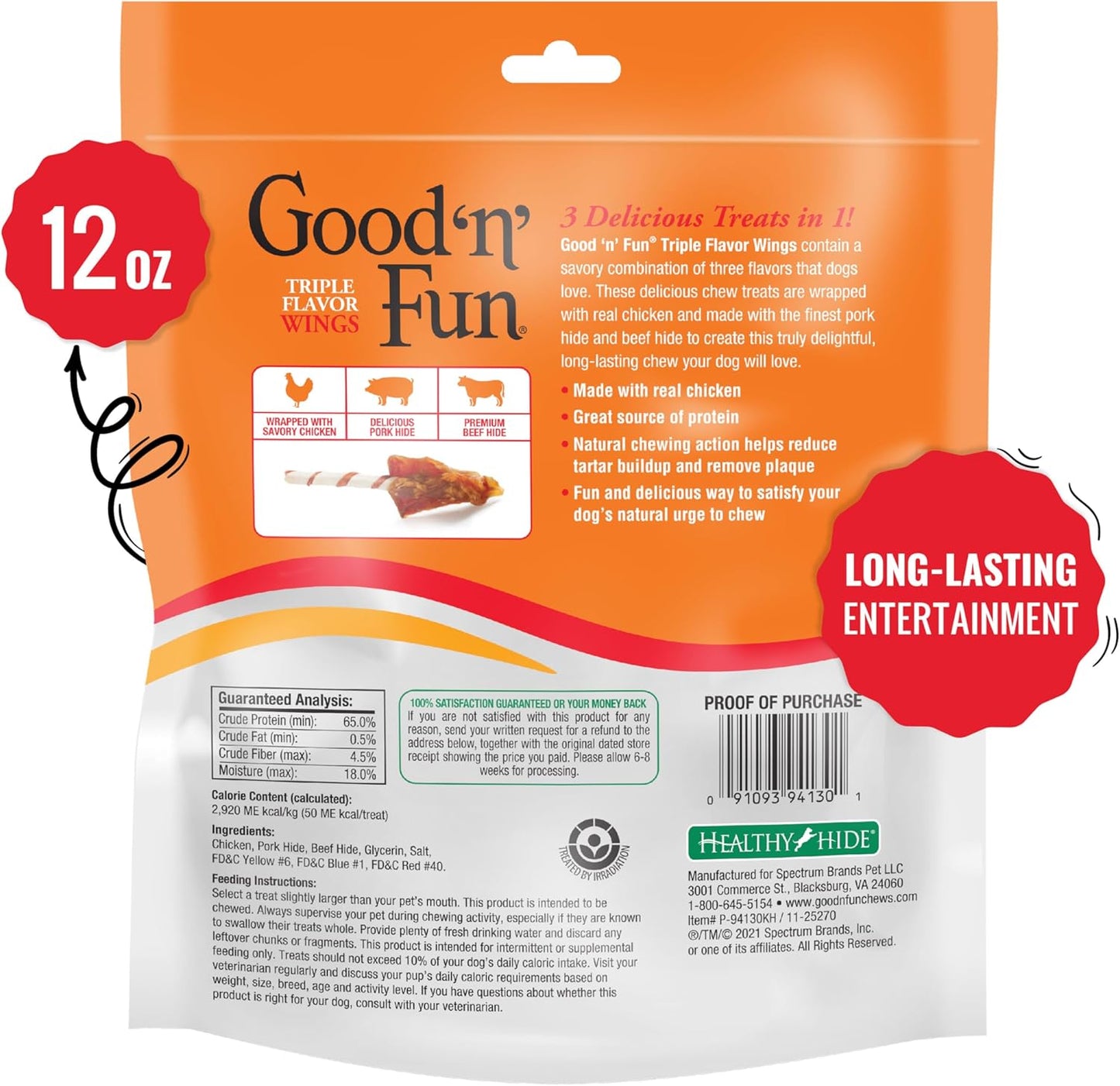 Good 'n' Fun Triple Flavor Wings Dog Treats – 12 oz – Long-Lasting Chews with Chicken, Pork Hide & Beef Hide