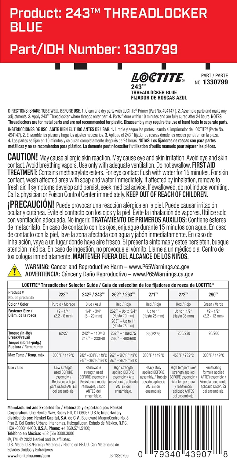 Loctite 243 Medium Strength Threadlocker – 6ml Blue Oil-Tolerant Adhesive for Metal Fasteners