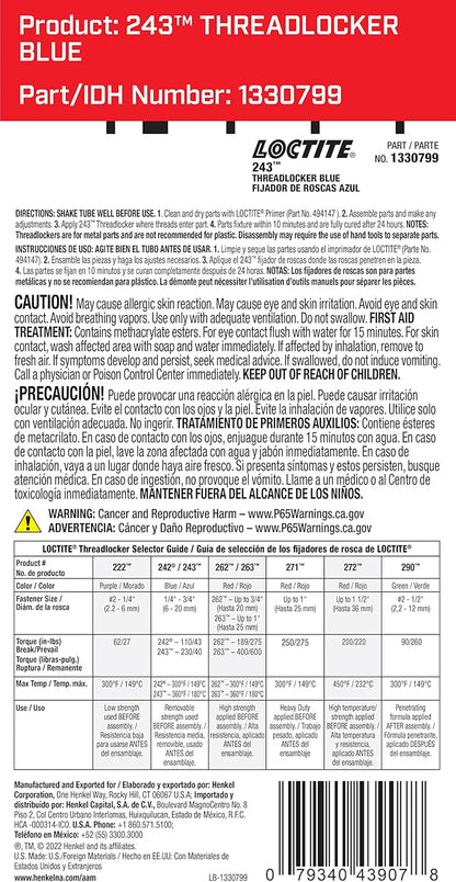 Loctite 243 Medium Strength Threadlocker – 6ml Blue Oil-Tolerant Adhesive for Metal Fasteners