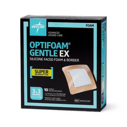 Optifoam Gentle EX Bordered Foam Dressing in Educational Packaging, 3" x 3"