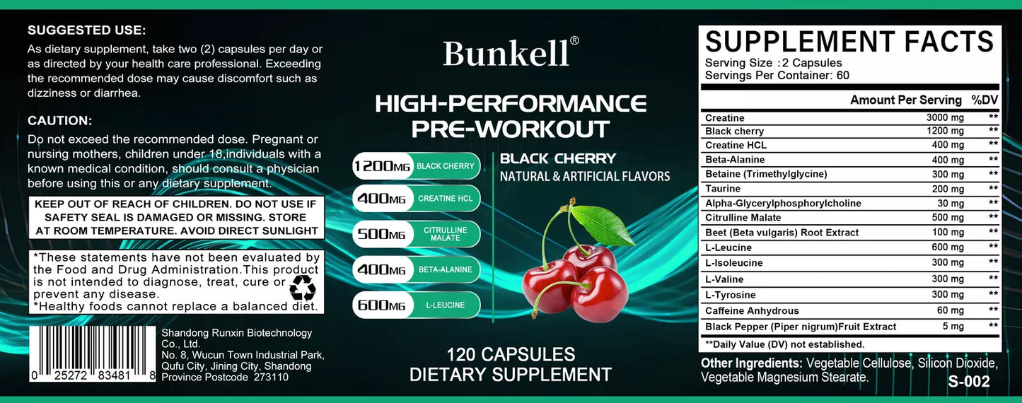 Bunkell Pre-Workout Supplement - Amino Acids, Creatine HCI, Citrulline Malate, Beta-Alanine To Improve Athletic Performance